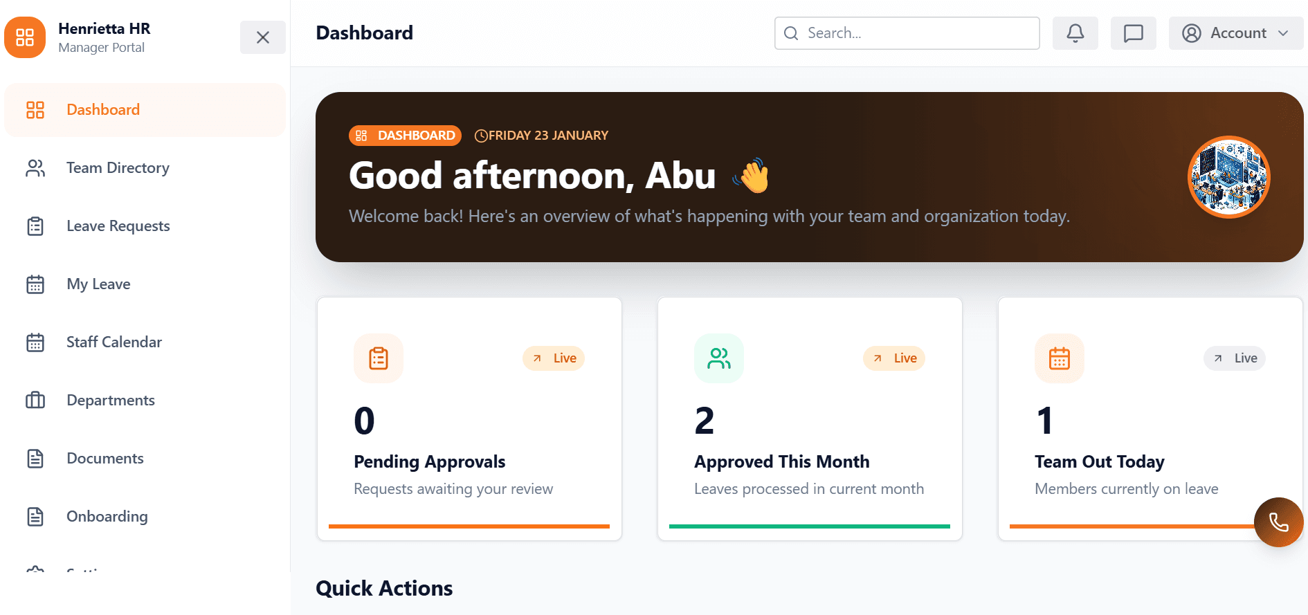 Henrietta HR Portal & AI Bot – Dashboard Page