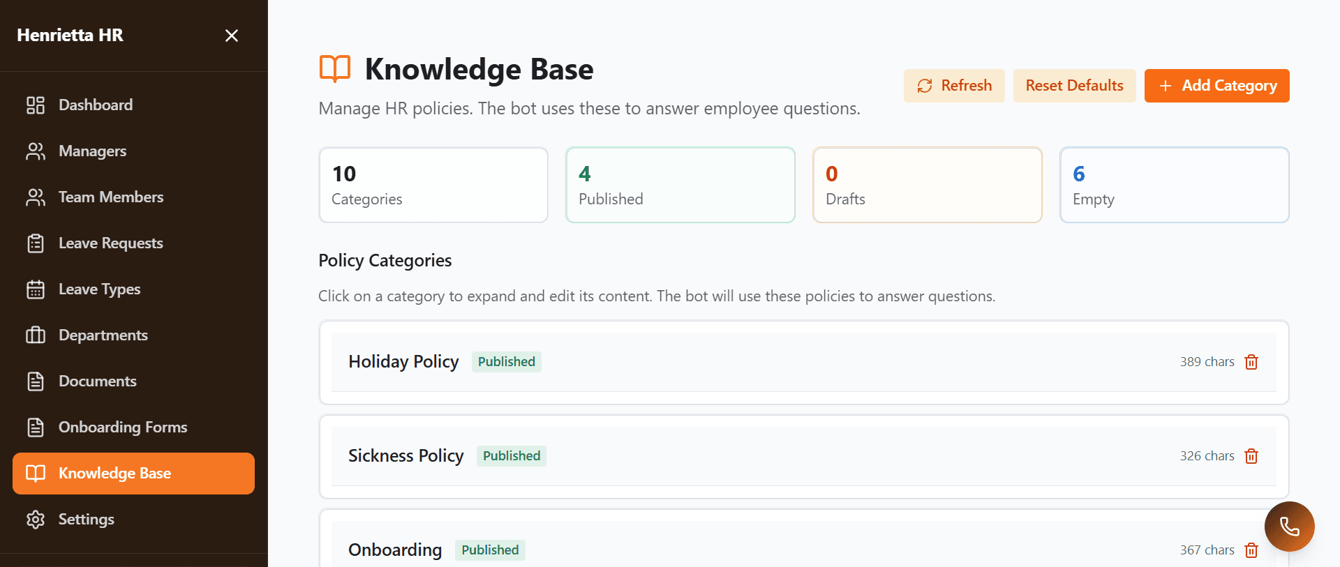 Henrietta HR Portal & AI Bot – Knowledge Based