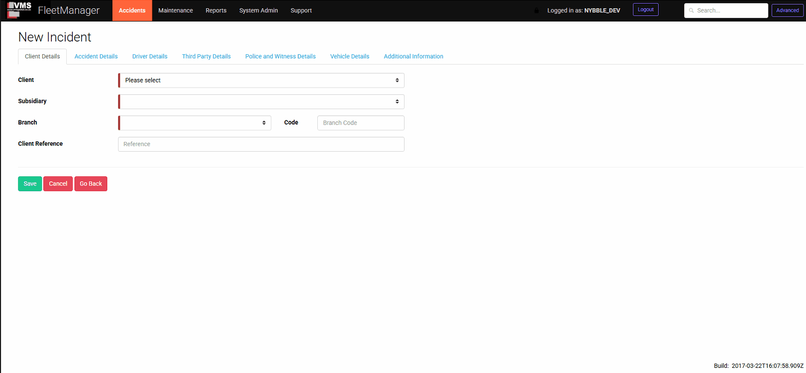 VMS Fleet Manager – New Incident Form